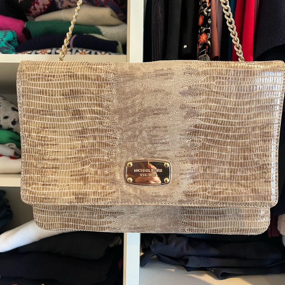 Michael Kors Beige Croc-Embossed Shoulder Bag